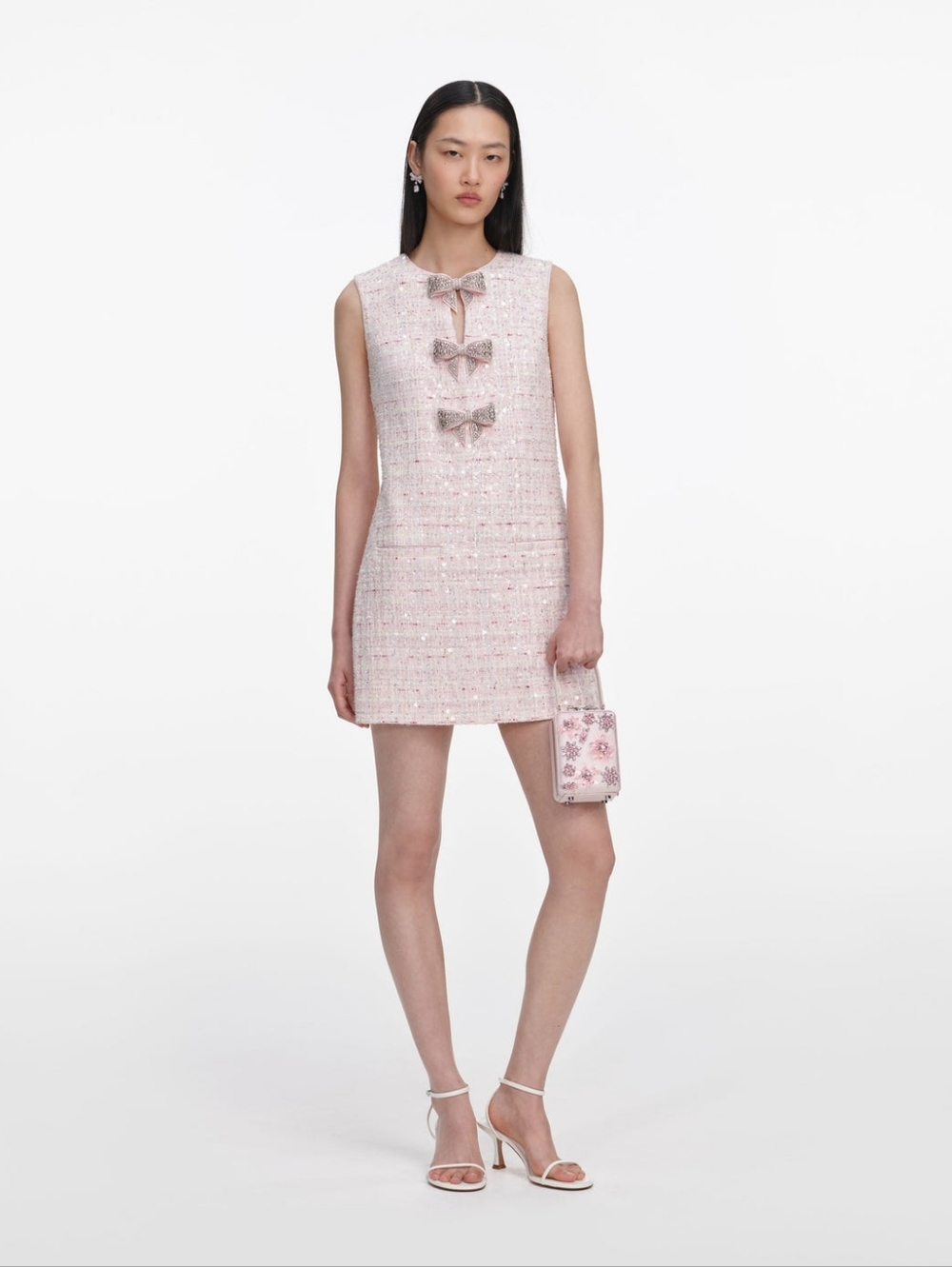 Self Portrait Pink Sequin Boucle Bow Mini Dress